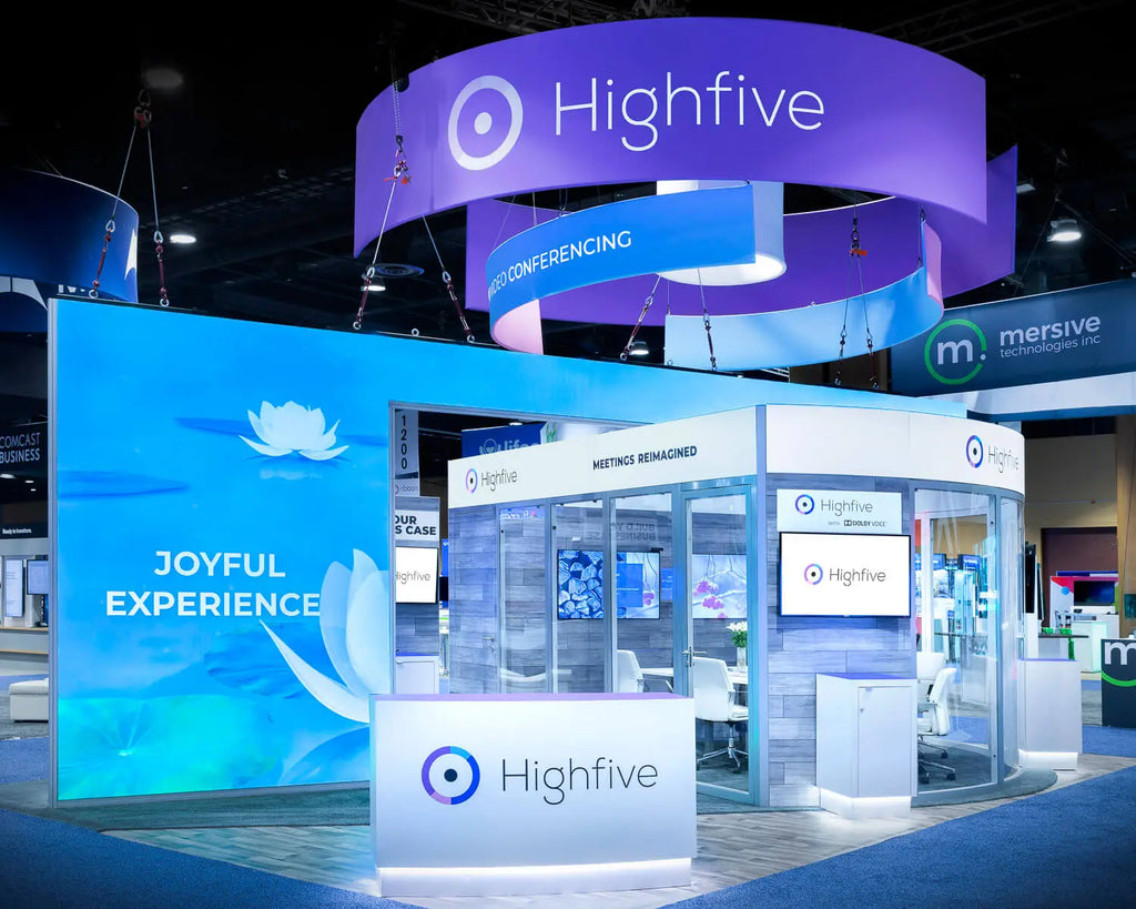 Sleek purple blue highfive booth boosts brand awareness at trade shows