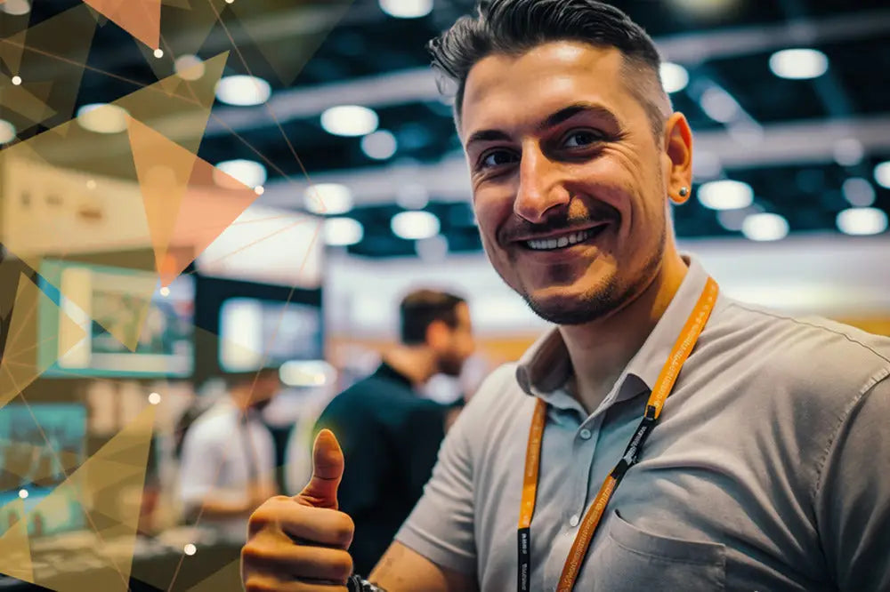 Man in gray shirt with orange lanyard engaging prospective clients at trade show