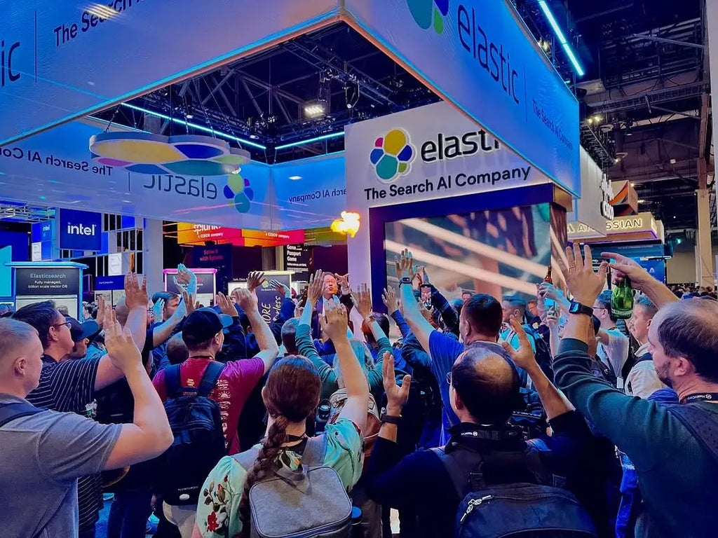 Elastic booth sign with colorful logo and Search AI Company text