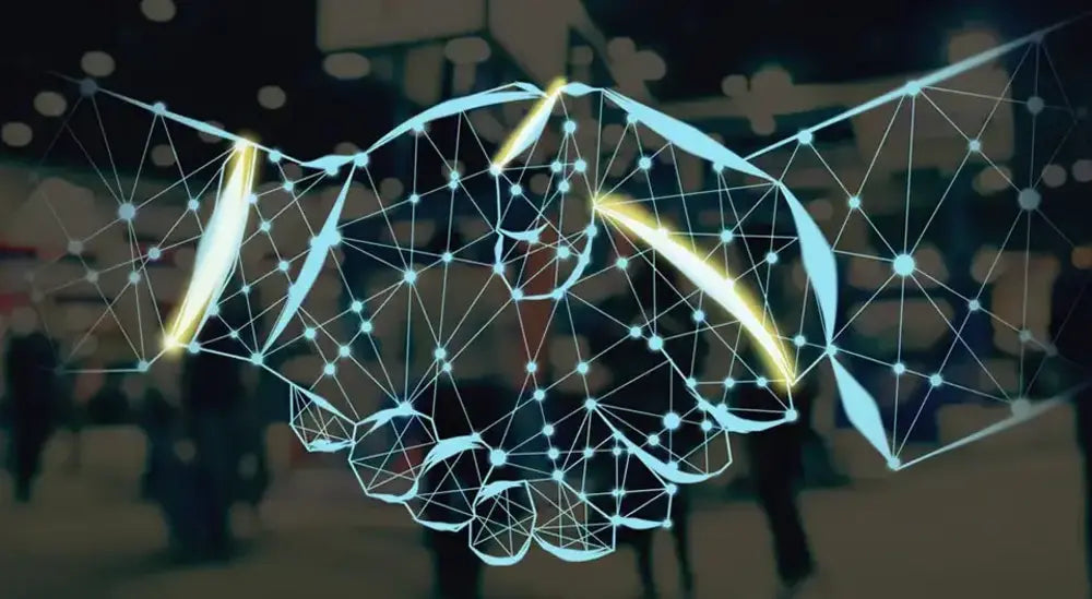 Glowing digital handshake for business owners at trade shows
