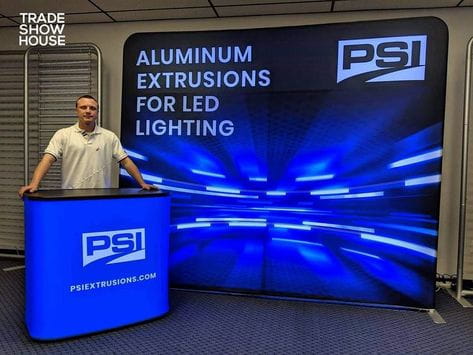 Our most popular 10ft Backlit Tension Fabric Display is an ultra-bright and vivid portable backlit trade show display