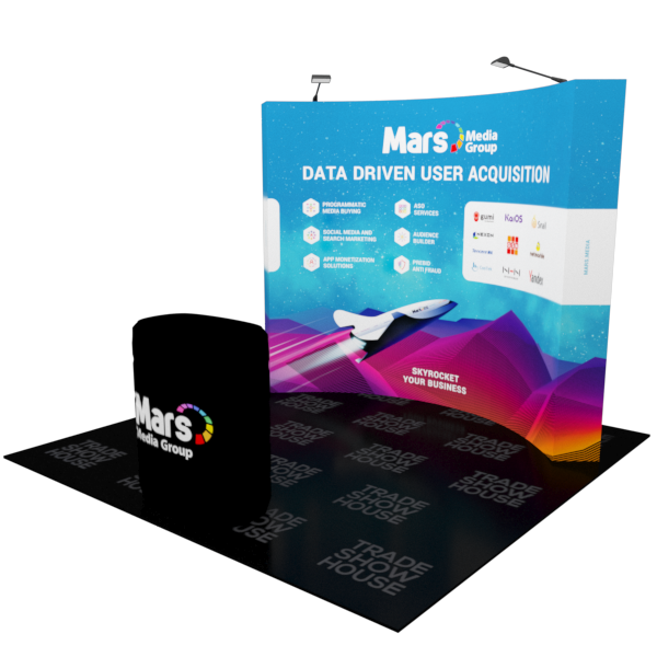 10ft curved pop up fabric display podium kit with blue design, white text, rocket graphic, and Mars Media Group logo
