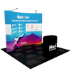 Black cylindrical mug with Mars Media Group logo on 10ft curved pop up display