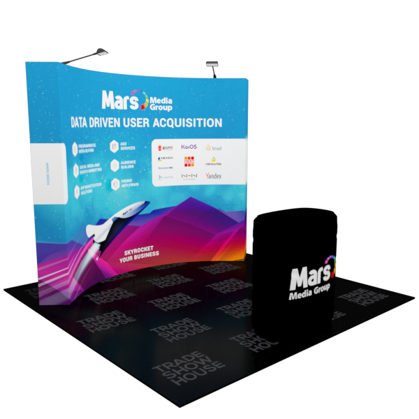 Black cylindrical mug with Mars Media Group logo on 10ft curved pop up display