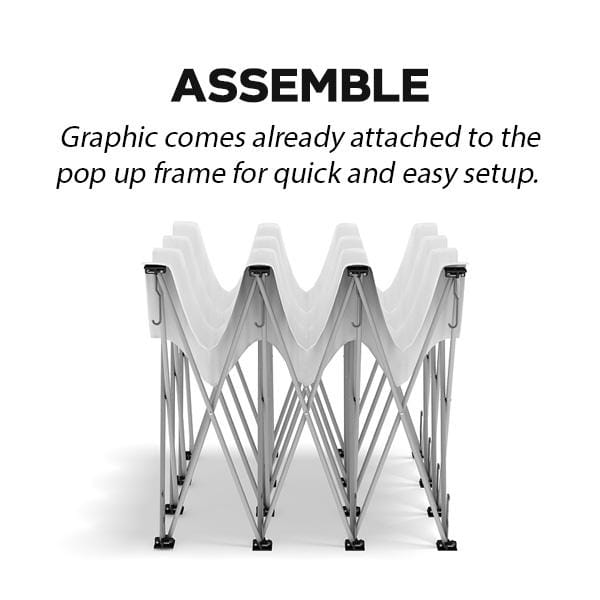 10ft curved pop-up fabric display podium kit with white frame and silver structure