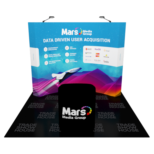 Black Mars Media Group cup on 10ft curved pop up display podium