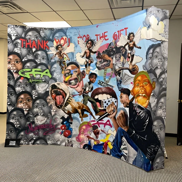 10ft Curved Pop Up Fabric Display Table Kit with vibrant pop-art backdrop