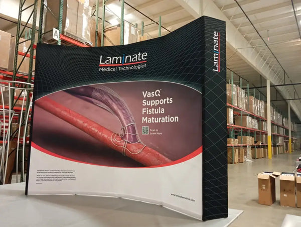 Our 10ft Curved Pop Up Fabric Display Table Kit includes a 6ft or 8ft fitted style cover to match your and black nylon