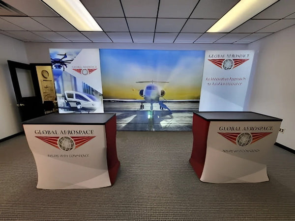 White and red 10ft frameless SEG lightbox display with aerospace branding