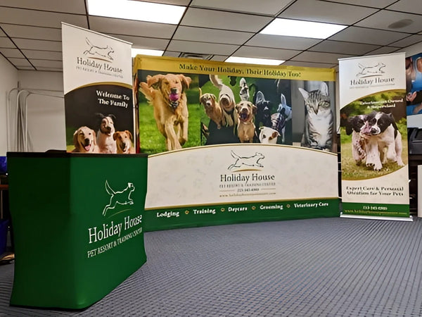 10ft Straight Pop Up Fabric Display with Green Table and Holiday House Logo