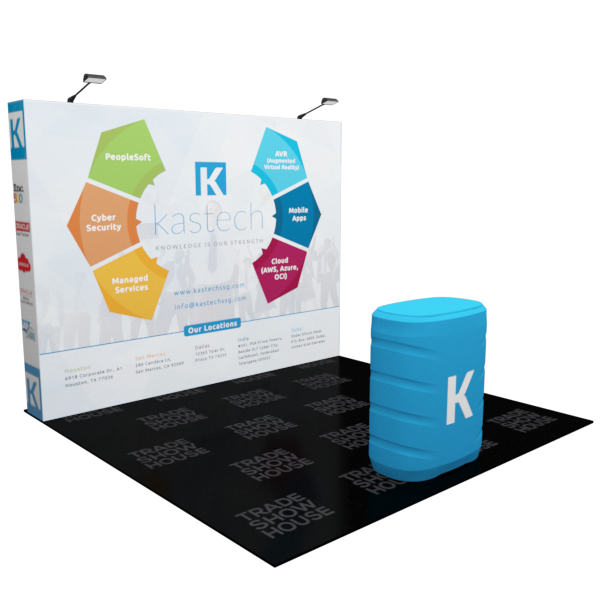 Blue cylindrical barrel with white K logo in 10ft pop up display podium kit