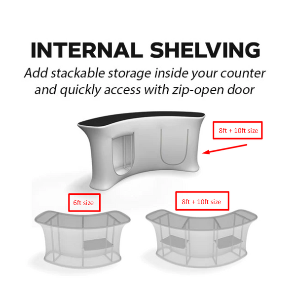 10ft straight tension fabric counter with curved gray shelving and zip door
