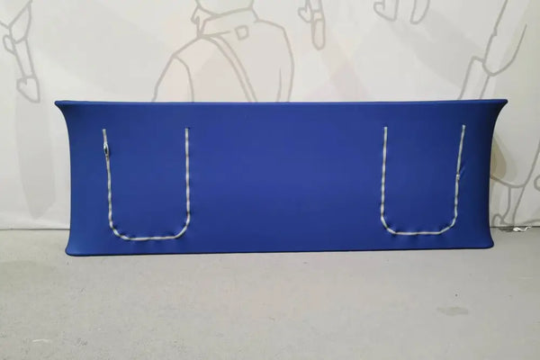 10ft straight tension fabric counter with blue stretchy table cover and white U-zippers