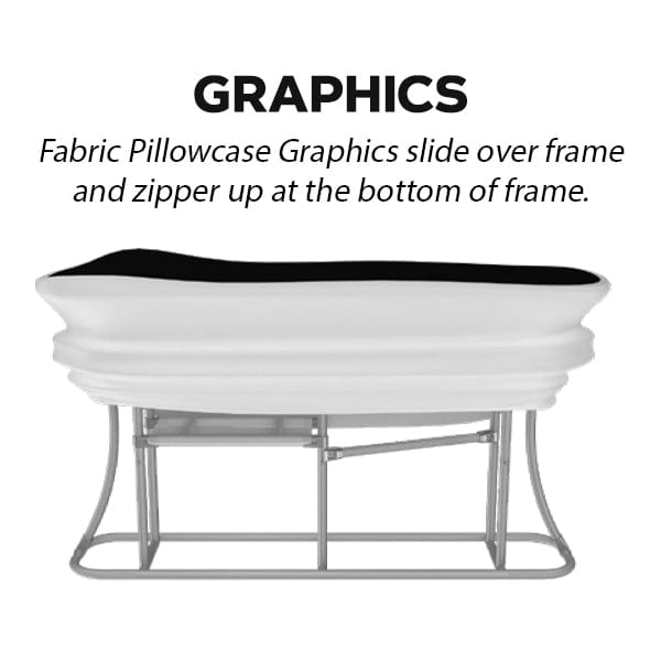 10ft straight tension fabric counter with white pillowcase graphic, black trim, zipper bottom