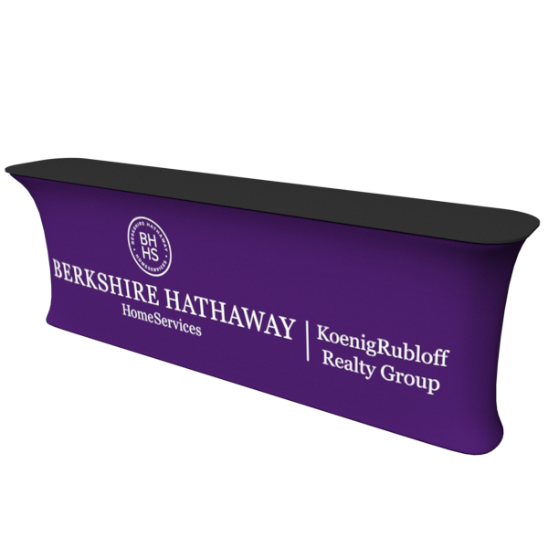 10ft Straight Tension Fabric Counter with purple fabric, black top, and Berkshire Hathaway HomeServices KoenigRubloff Realty Group text