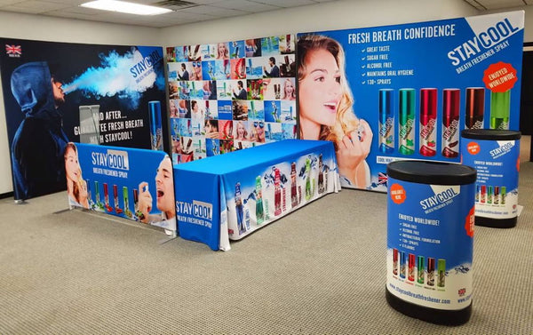 Blue StayCool breath freshener spray on 10ft straight tension fabric display