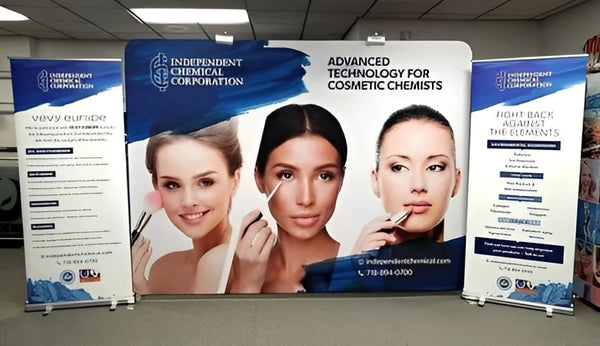 Blue and white banner for Independent Chemical Corp on 10ft display