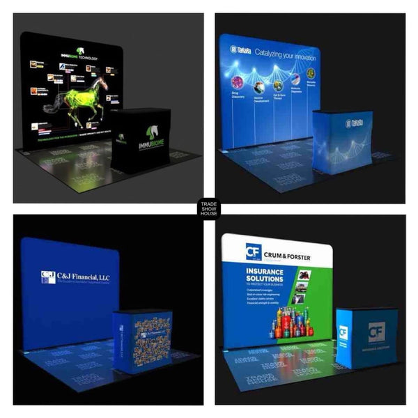 10ft straight tension fabric display kit with blue white booth branding