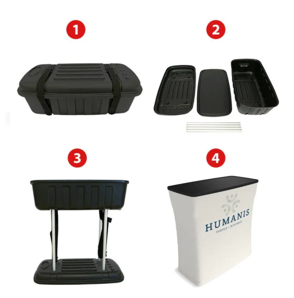 Black plastic stand with rectangular tray for 10ft straight tension fabric display