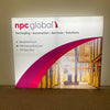 White and magenta LED panel with NPC Global logo and warehouse image on 10ft x 8ft heavy-duty pro light box