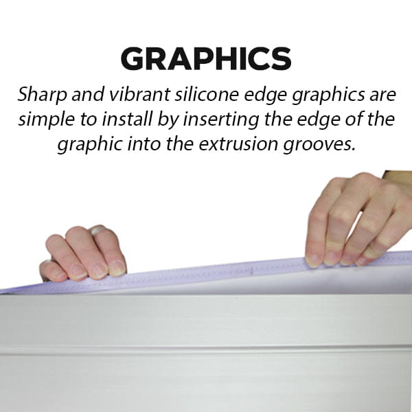 Purple silicone edge graphic inserted into white plastic frame of 10ft x 8ft Heavy-Duty Pro Light Box Display