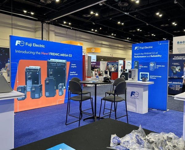 Blue and orange Fuji Electric Frenic-Mega G2 inverter promo banner in 10x10 SEG lightbox