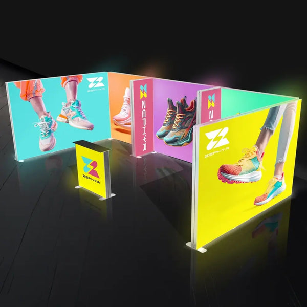 Our 10x10 Frameless SEG Lightbox Display Kit 02 combines one 10ft and two 3ft Displays for a more private inline booth