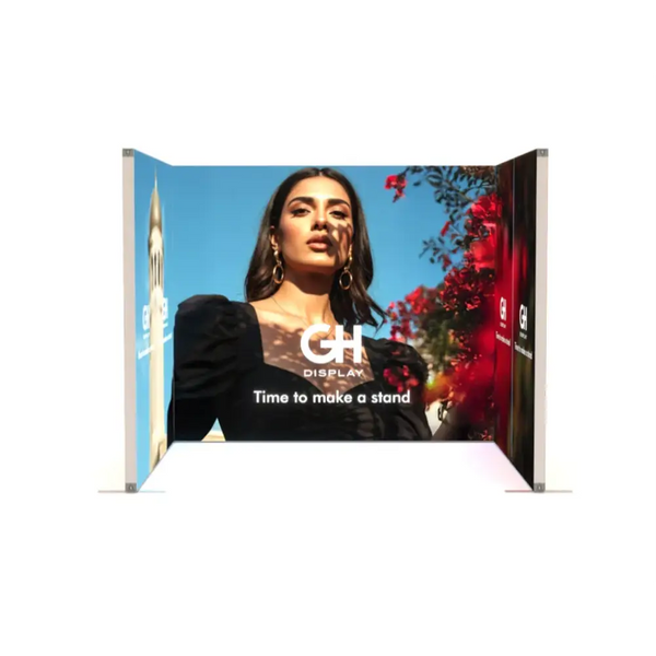 Our 10x10 Frameless SEG Lightbox Display Kit 02 combines one 10ft and two 3ft Displays for a more private inline booth