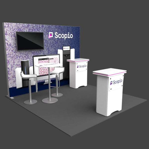 White and pink Scopio 10x10 frameless SEG lightbox TV booth with purple backdrop