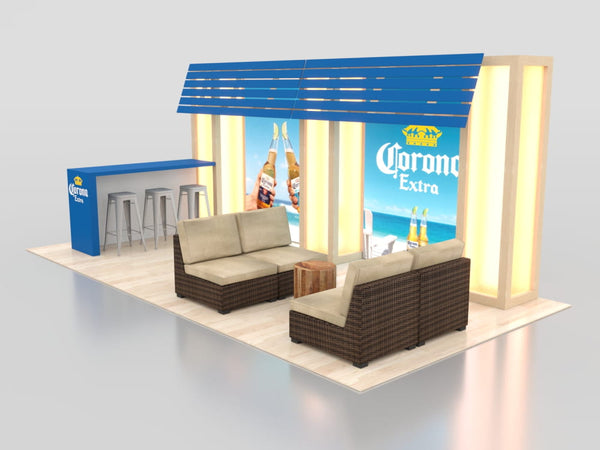 Blue and white Corona Extra bar display with wicker furniture in 10x20 Eco-Modular Backlit Exhibit Kit