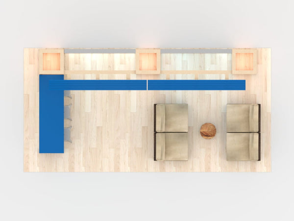 Blue L-shaped bar counter in 10x20 Eco-Modular Backlit Exhibit Kit 18