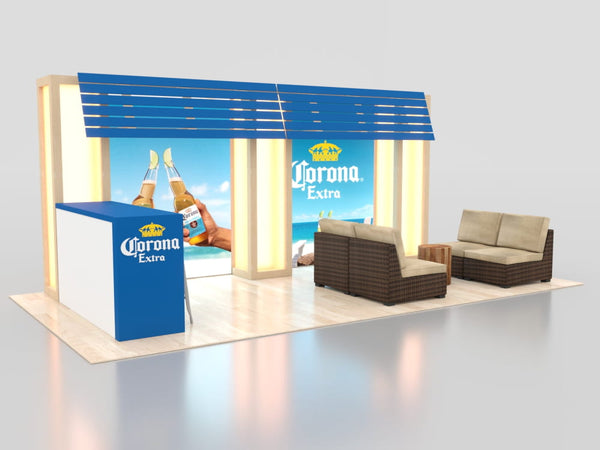 Blue and white Corona Extra branded 10x20 eco-modular backlit booth with wicker furniture