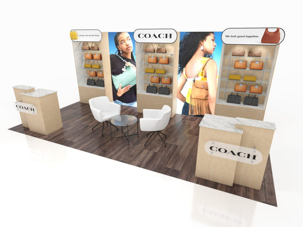 Coach handbag display with tan and black leather bags on eco-modular shelves