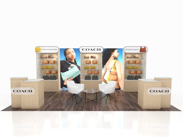 Coach handbag display with tan and black leather bags on Eco-Modular shelves