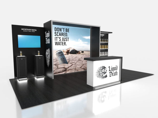 Black and white Liquid Death booth with skull logo and Don’t Be Scared screen