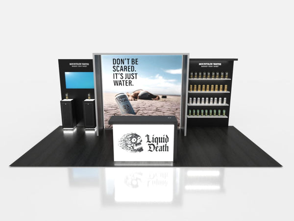 Black and white Liquid Death booth with skull logo on counter