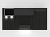 Black minimalist wall-mounted TV unit with backlit shelving