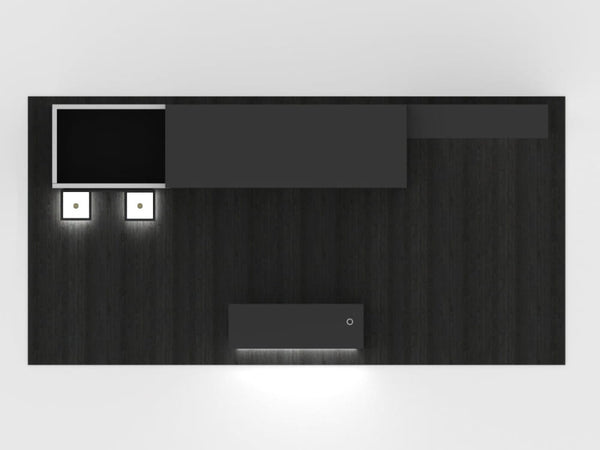 Black minimalist wall-mounted TV unit with backlit shelving