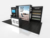 Black 10x20 eco-modular backlit shelving exhibit booth with water bottles