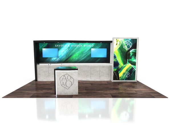 Modern white 10x20 Eco-Modular Backlit TV Exhibit Kit 03 with geometric design and green displays
