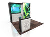 Modern 10x20 Eco-Modular Backlit TV Exhibit Kit 03 booth with sleek black and white marble counter, vibrant green digital displays, and geometric logo