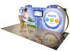 GE Healthcare blue white booth with gold trim, running woman, #GetFit branding