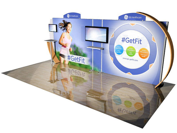 GE Healthcare blue white booth with gold trim, running woman, #GetFit branding