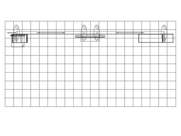 Technical schematic of 10x20 Eco-Modular Backlit Shelving TV Exhibit Kit 04 components on grid