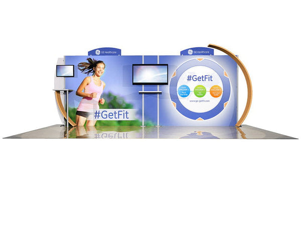 Blue and white GE Healthcare 10x20 backlit booth with running woman graphic, monitors, #getfit infographic