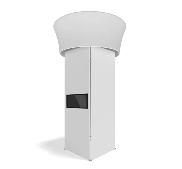 Our 15ft Square Tension Fabric Tower Display with 10ft Rotating Circle Hanging Sign is a dynamic trade show tower