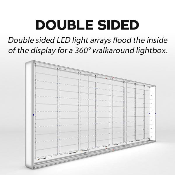 Silver-framed double-sided LED lightbox wall with 360-degree grid panels for 20ft backlit SEG display
