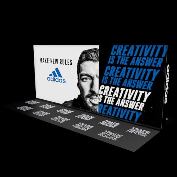Adidas 20ft backlit SEG light box wall with black-white portrait and blue text