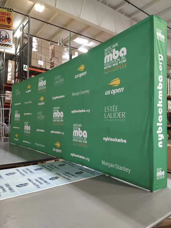 Our 20ft Straight Pop Up Fabric Display Table Kit includes a 6ft or 8ft fitted style cover to match your and black