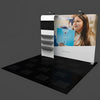 White and black trade show booth with 28’’ waterfall shelving display and woman holding blue product